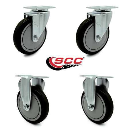 Service Caster 5 Inch Black Polyurethane Wheel Swivel Top Plate Caster Set with 2 Rigid SCC SCC-20S514-PPUB-BLK-2-R514-2